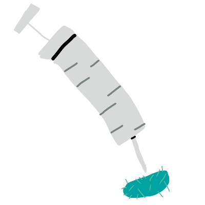 a syringe with the needle pointing to a rabies germ, which is teal and vaguely sausage shaped with greenish blue hairlike lines sticking out all over it.